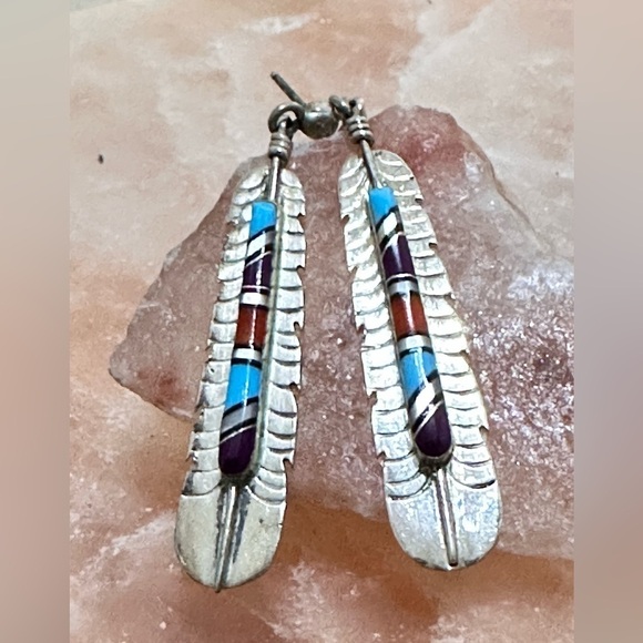 Navajo Turquoise Earrings Stone Inlay By FY FRANK YAZZIE Signed Sterling 925 - Picture 3 of 12